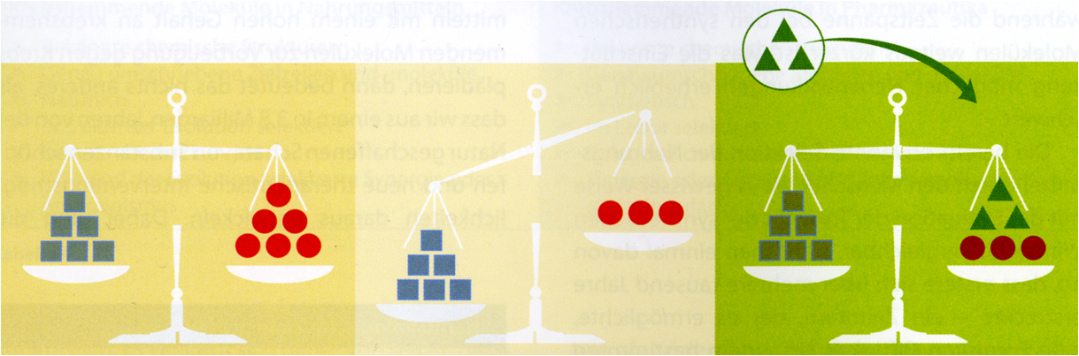 an kann Gesundheit vereinfacht als ein empfindliches Gleichgewicht definieren zwischen Faktoren, die Krankheiten auslösen und solchen, die Krankheiten verhindern (A). Arbeitshypothese nach Béliveau u.Gringras, 2007Bei einem Mangel an bestimmten physiologischen Stoffen entsteht ein Ungleichgewicht, das den Ausbruch von Krankheiten begünstigt (B). Wenn der Körper die fehlenden Substanzen aufnimmt, wird das für die Gesundheit notwendige Gleichgewicht wieder hergestellt (C).